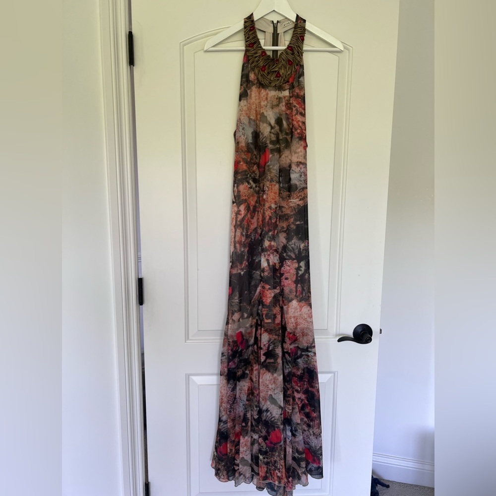 Alice + Olivia Jeweled Halter Neck Silk Floral Gown  - Size XS